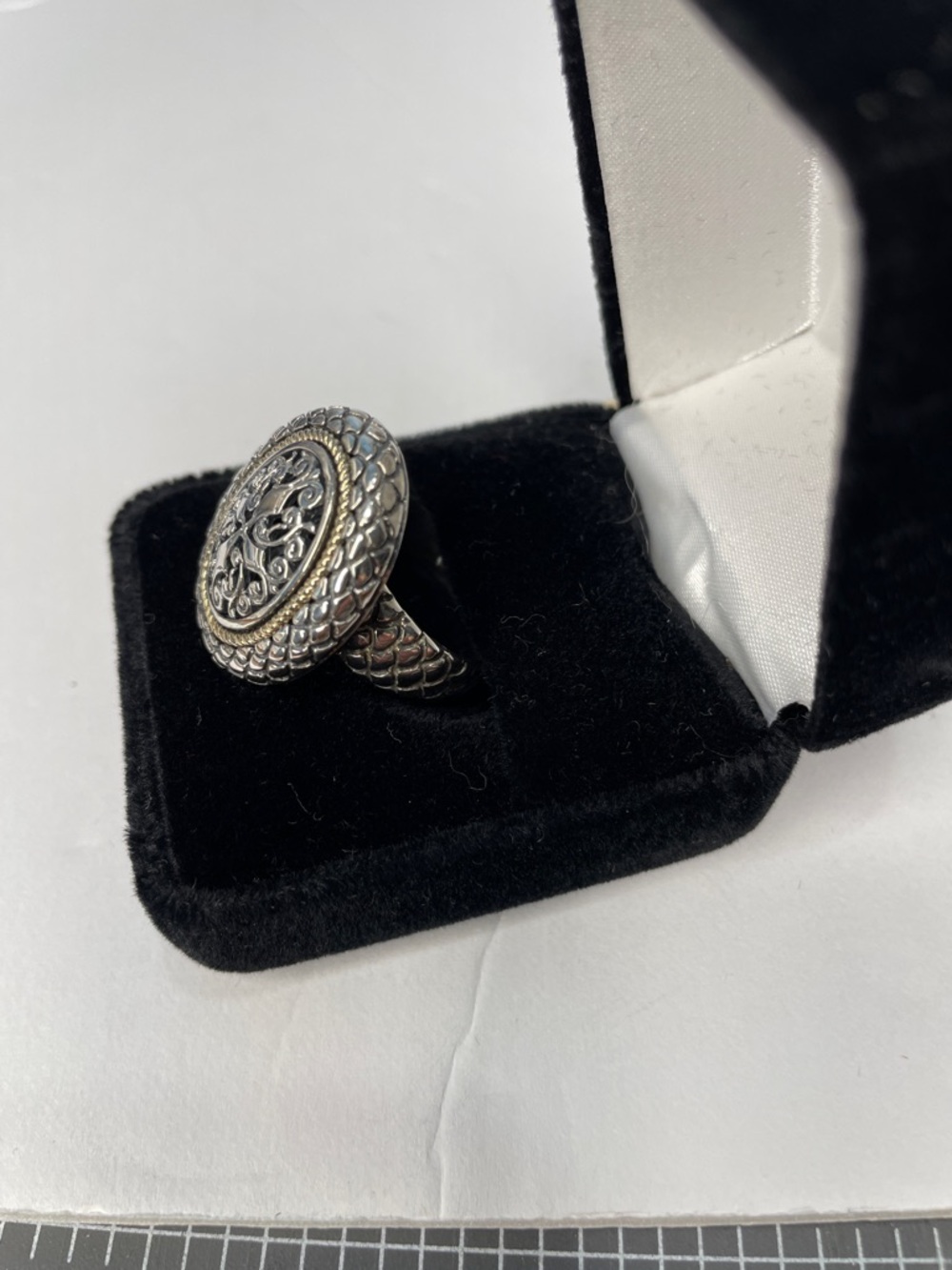 Vintage-Style Sterling Silver and Gold-14K Filigree Oval Statement Ring Size 8.5